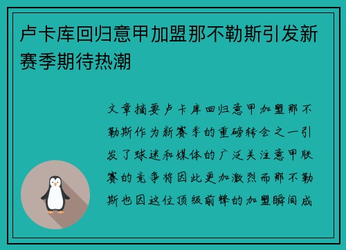 卢卡库回归意甲加盟那不勒斯引发新赛季期待热潮