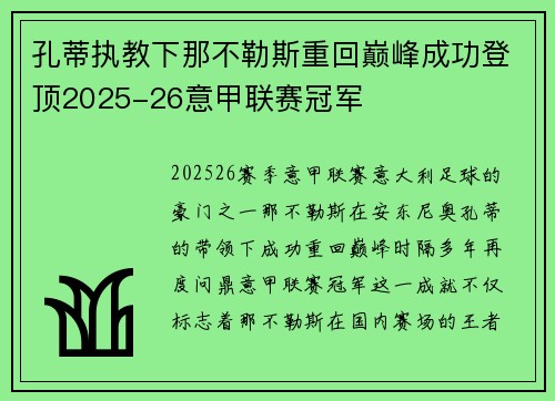 孔蒂执教下那不勒斯重回巅峰成功登顶2025-26意甲联赛冠军