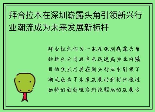 拜合拉木在深圳崭露头角引领新兴行业潮流成为未来发展新标杆